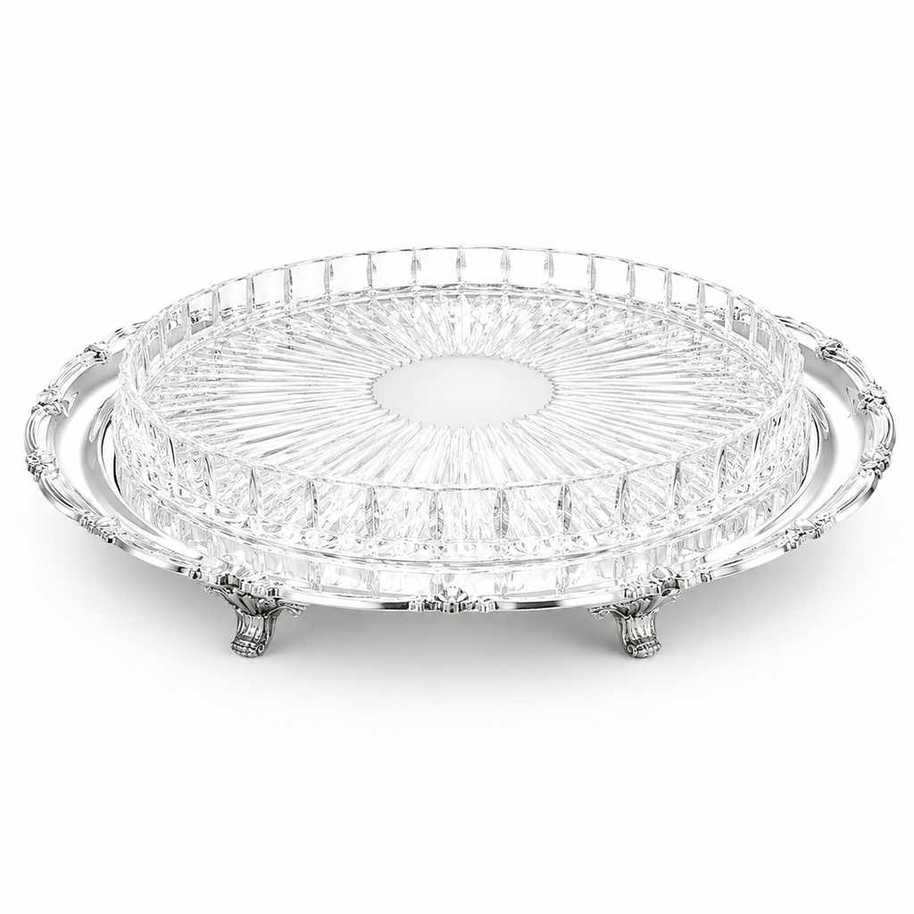 Silver Plated Round Floral with Glass Plate