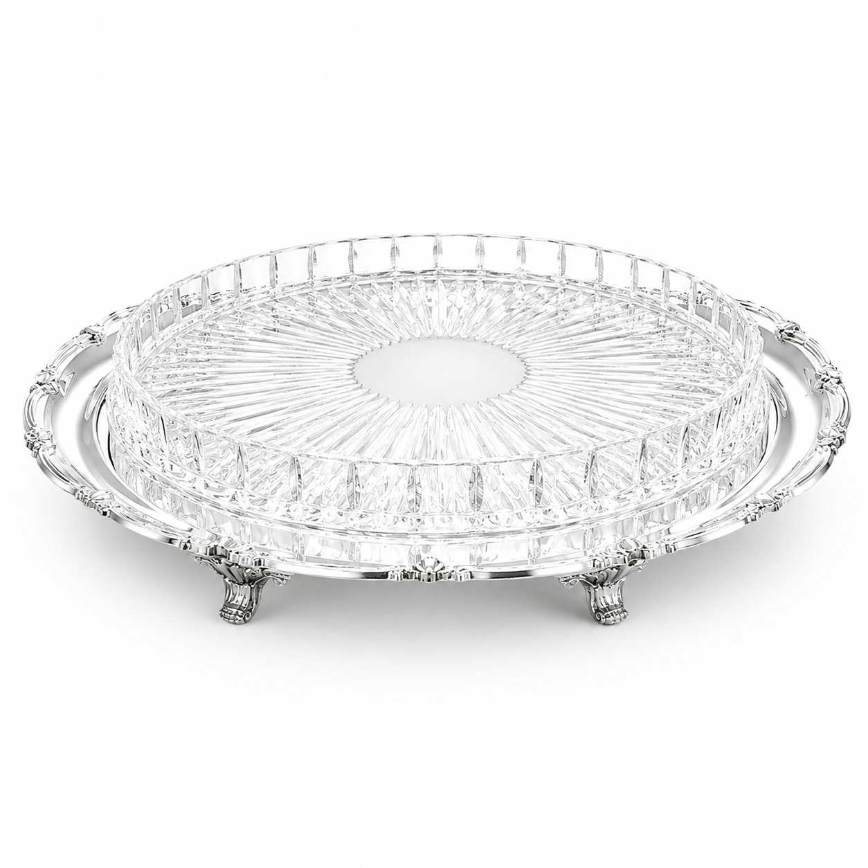 Silver Plated Round Floral with Glass Plate