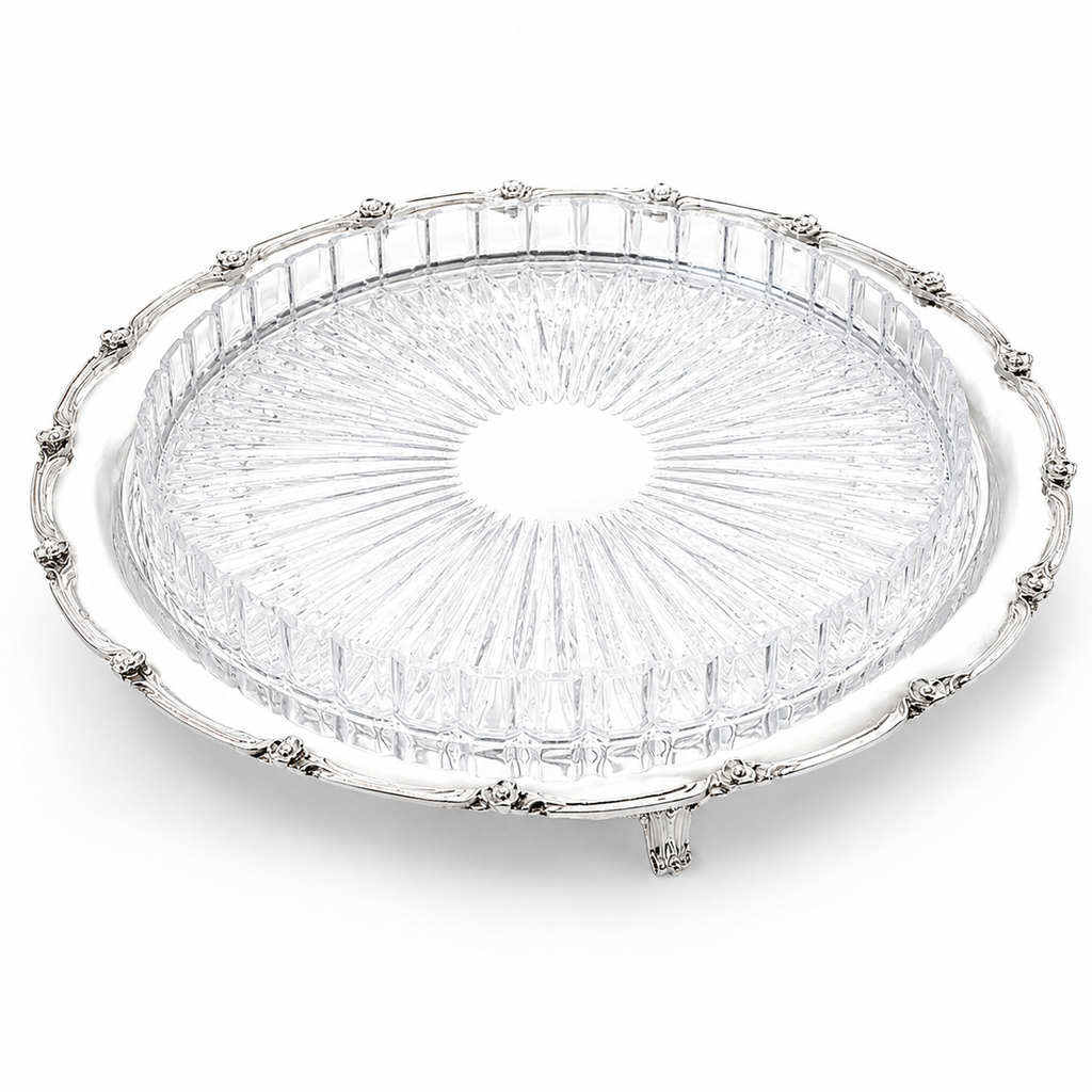 Silver Plated Round Floral with Glass Plate
