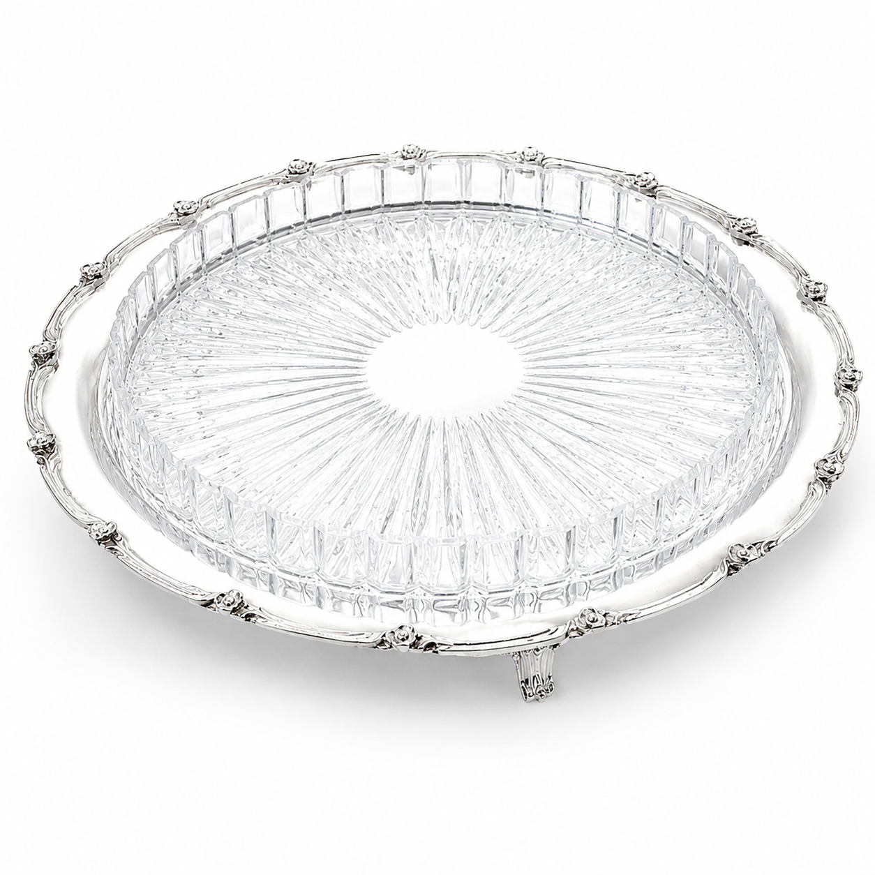 Silver Plated Round Floral with Glass Plate