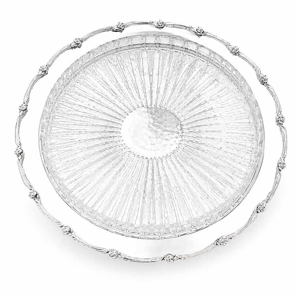 Silver Plated Round Floral with Glass Plate