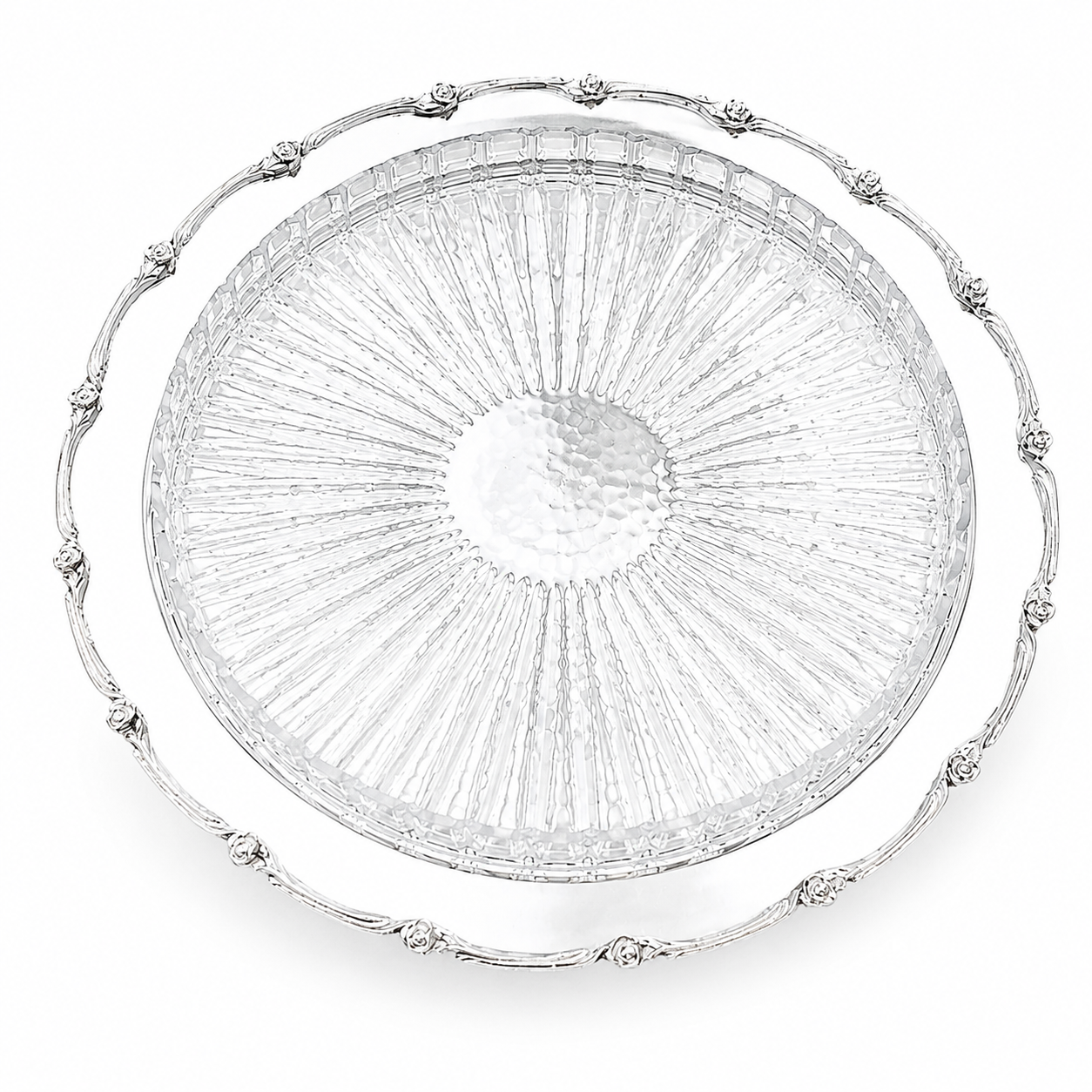 Silver Plated Round Floral with Glass Plate