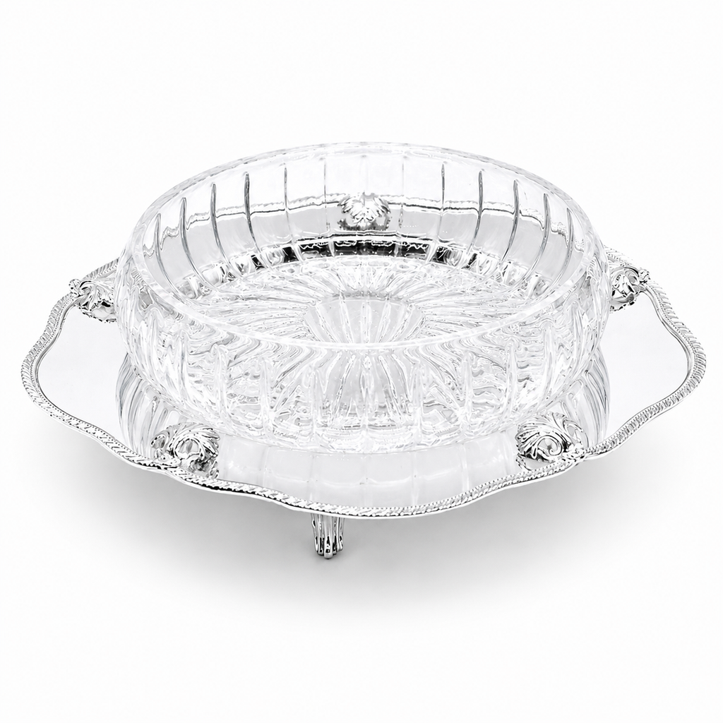 Silver Plated Round Scalloped Server with Glass Bowl