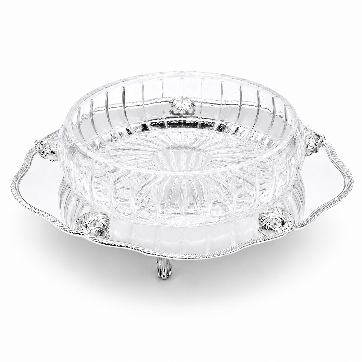 Silver Plated Round Scalloped Server with Glass Bowl