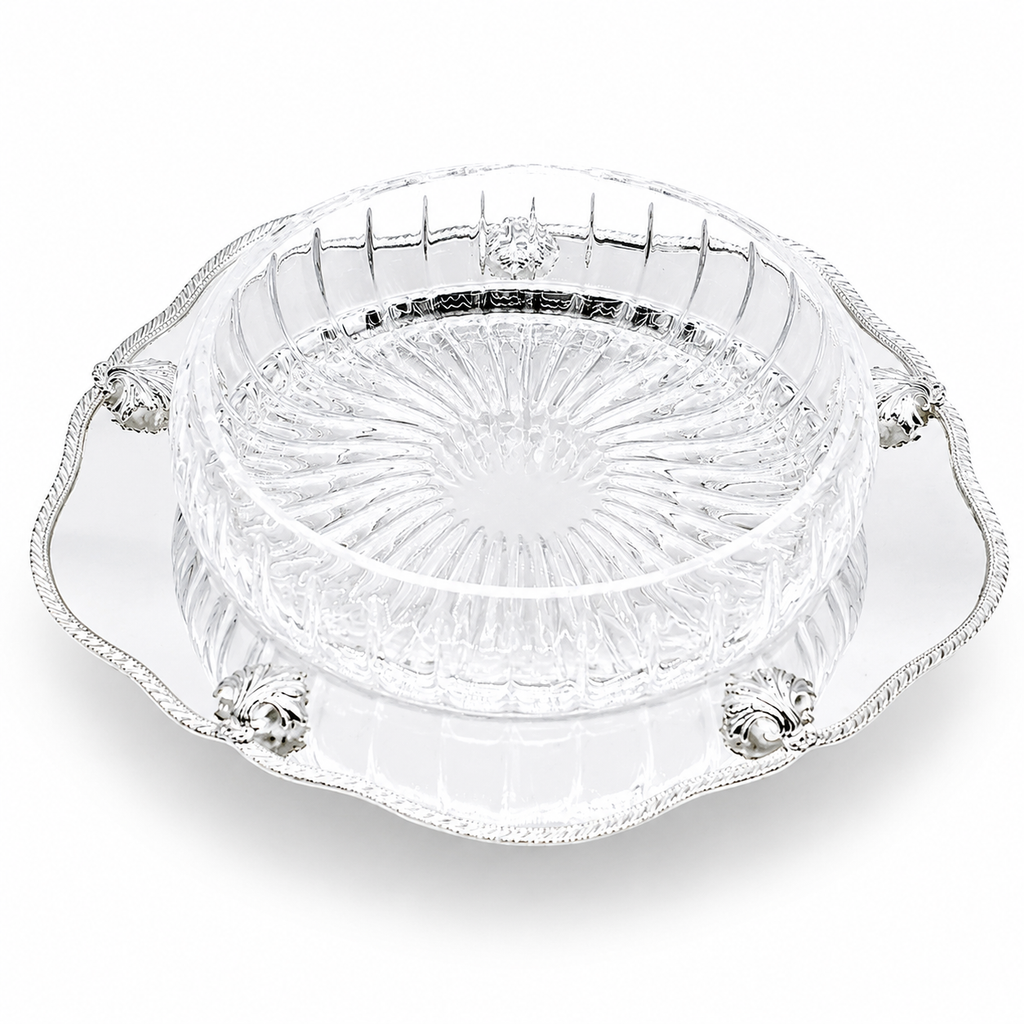 Silver Plated Round Scalloped Server with Glass Bowl