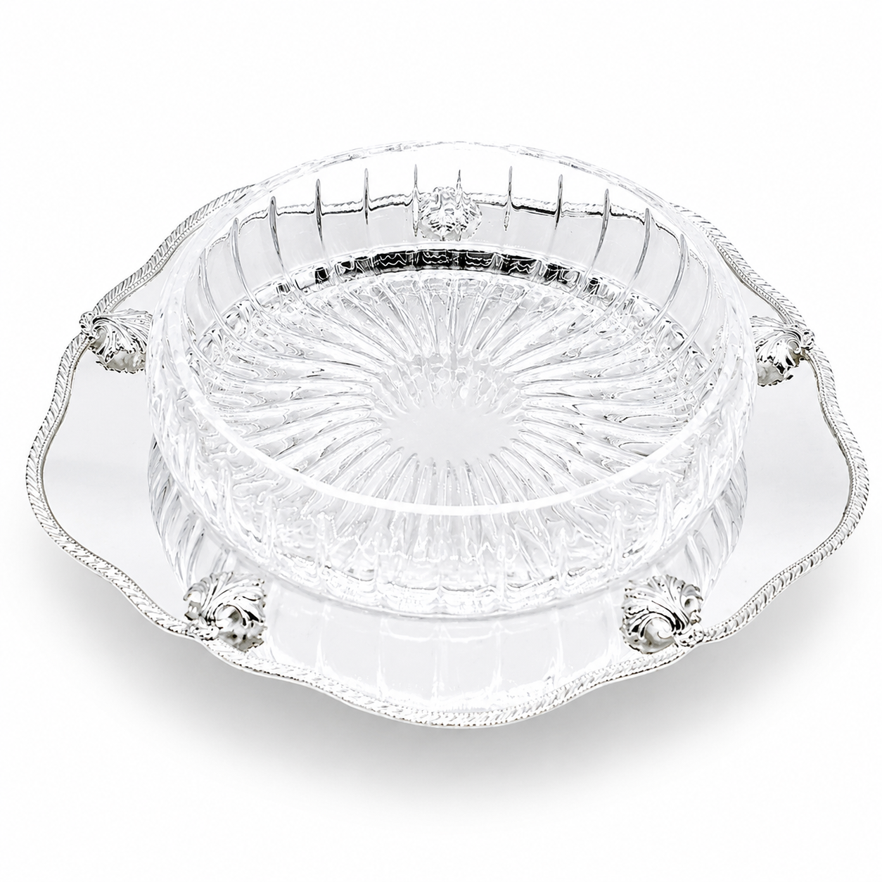 Silver Plated Round Scalloped Server with Glass Bowl