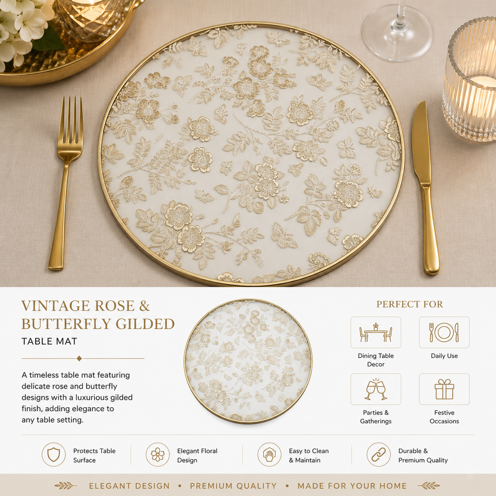Vintage Rose & Butterfly Gilded Table Mat