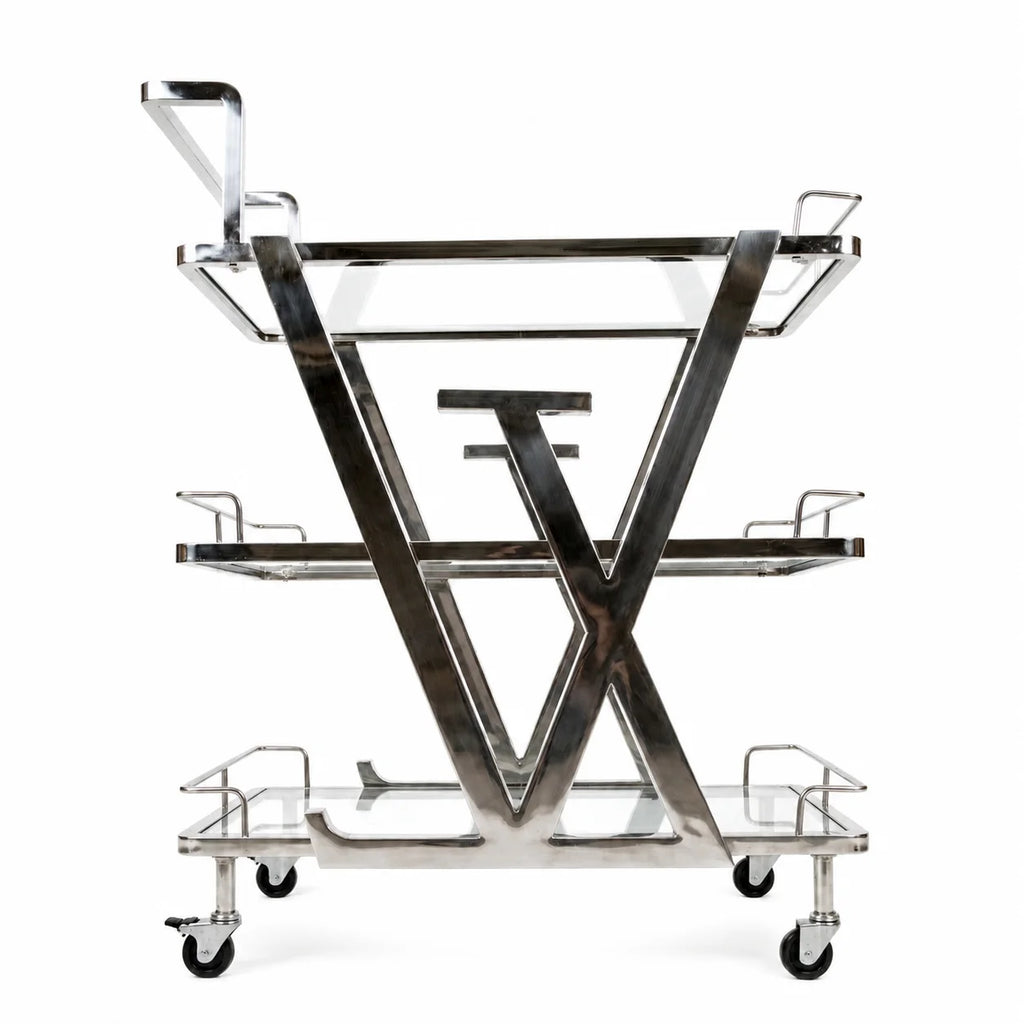 Stainless steel medical trolley with multiple shelves on a white background