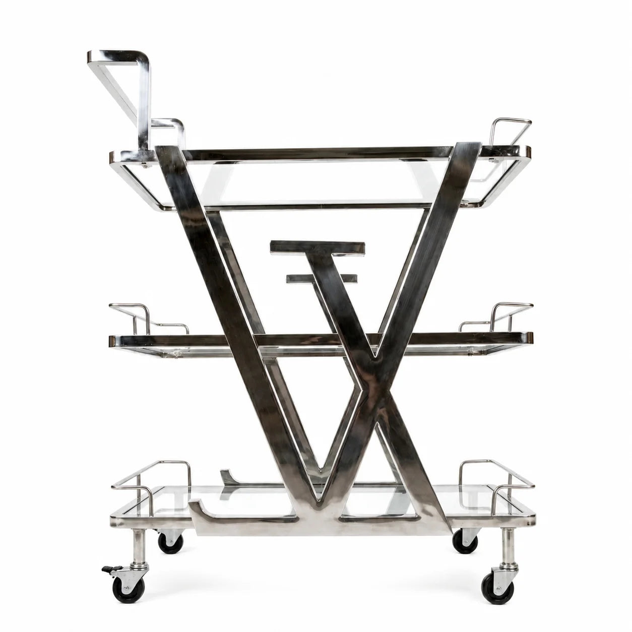 Stainless steel medical trolley with multiple shelves on a white background