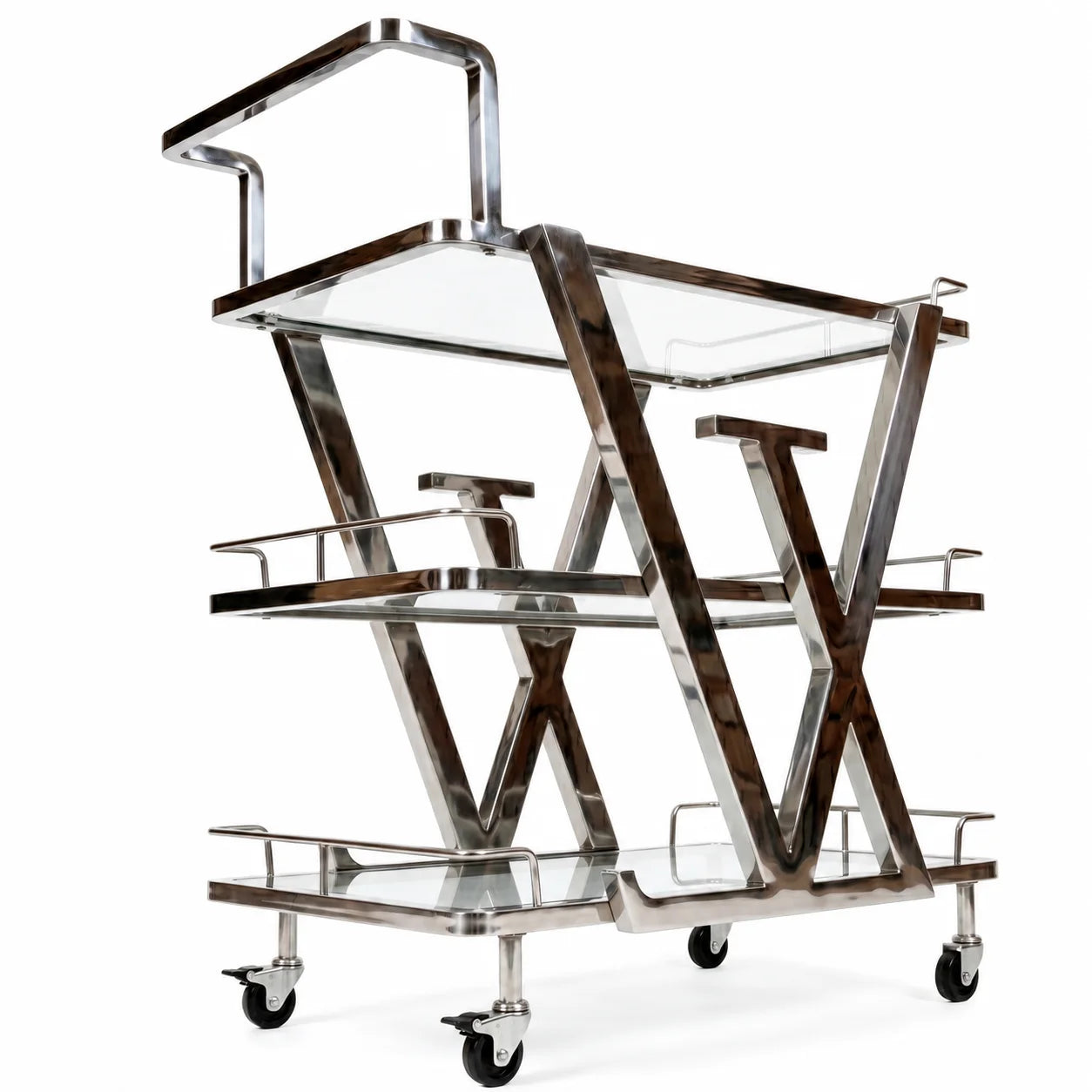 Stainless steel bar cart with glass shelves on a white background