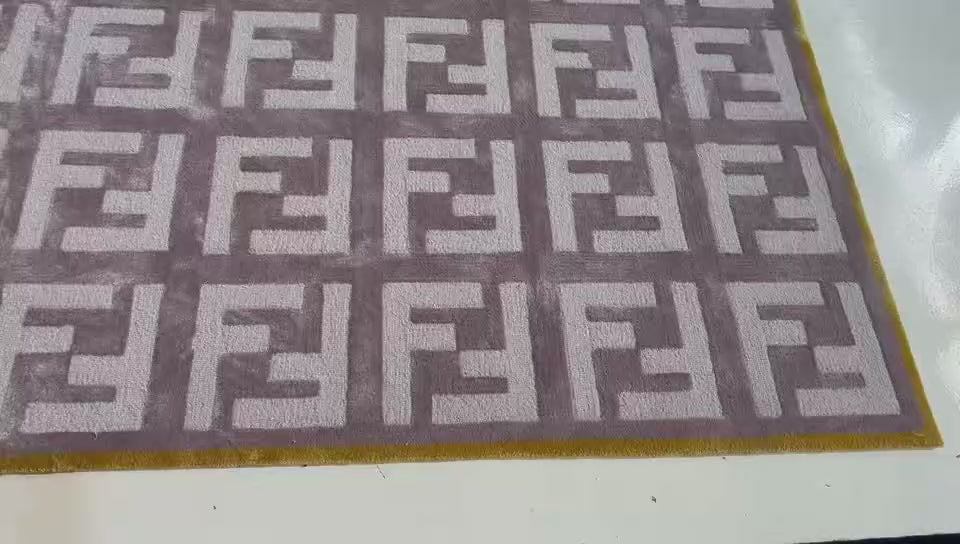 Beige Grid Pattern Rug with Mustard Border